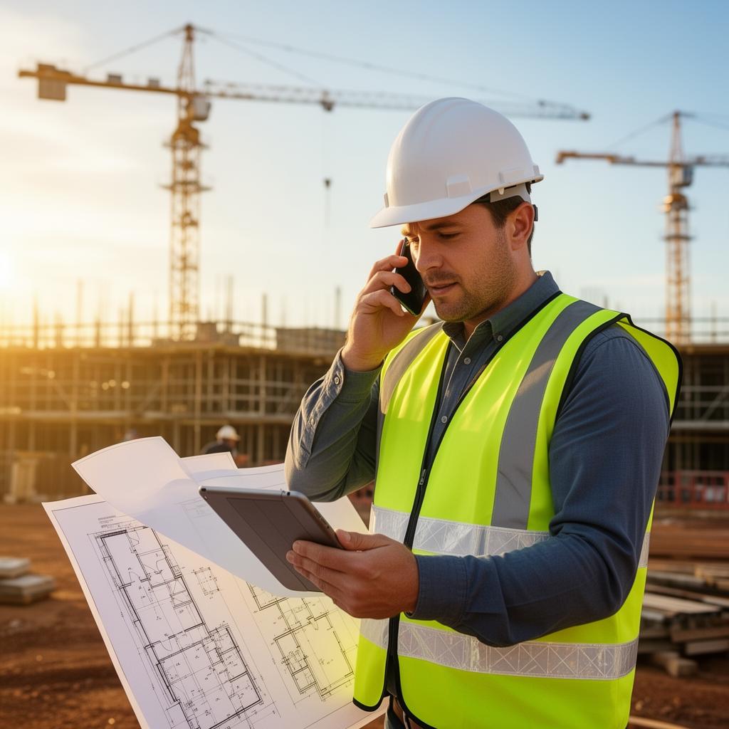 Construction manager using mobile phone on site
